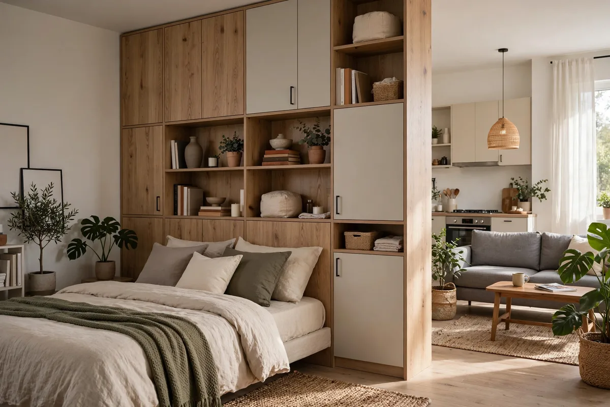 Bed with tall storage headboard acting as a low wall in a studio apartment
