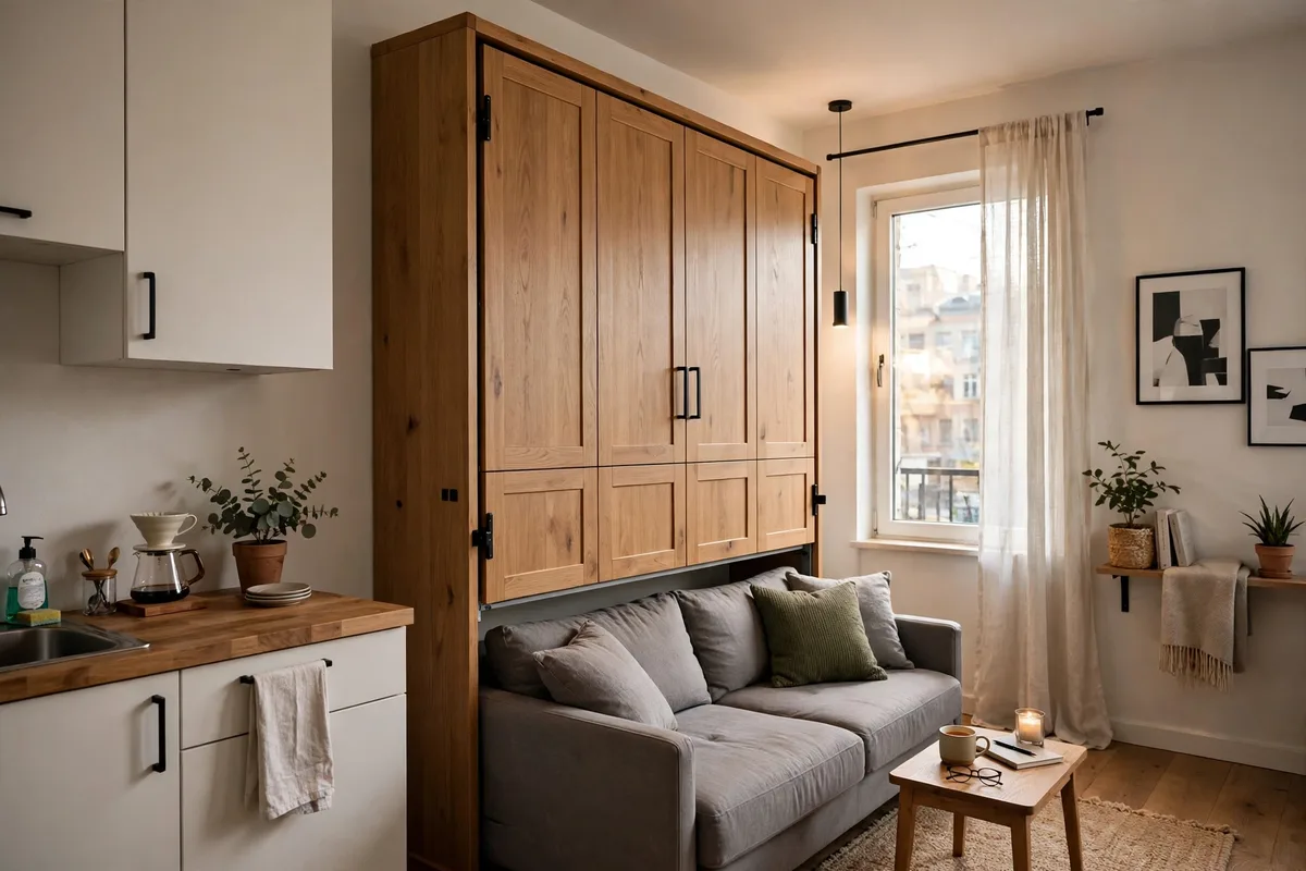 Murphy wall bed folded up revealing living space in a studio apartment