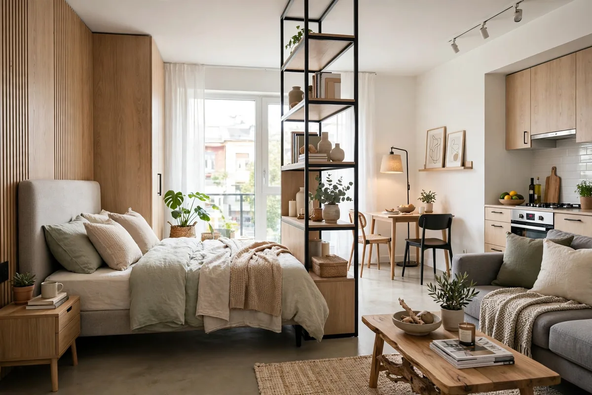 Bed tucked into a corner creating a natural enclosed sleep zone in a studio apartment