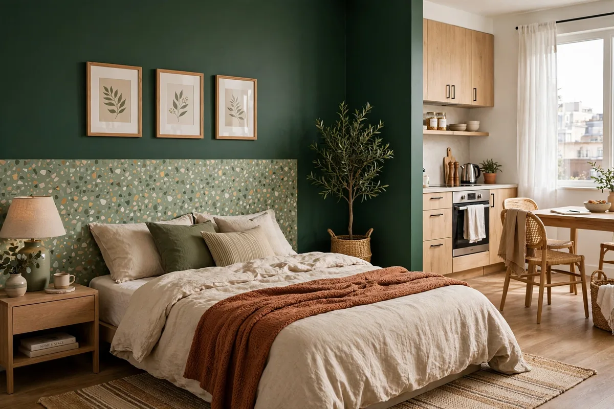 Peel-and-stick wallpaper accent wall defining a bed zone in a studio apartment