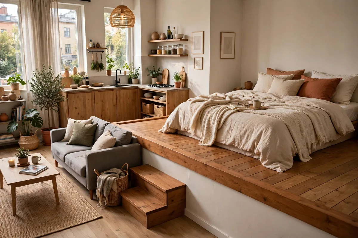 Low platform bed with LED underglow defining a sleep zone in a studio apartment