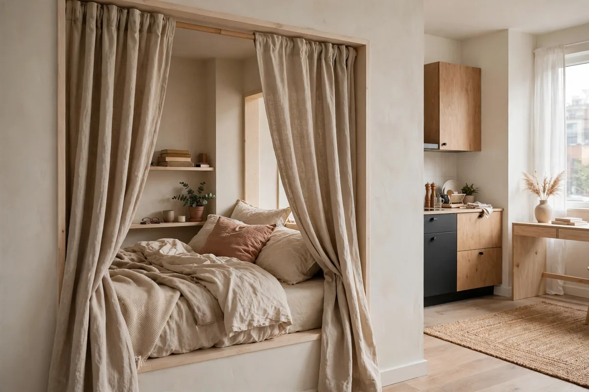 Bed tucked into a studio alcove with a curtain creating a real bedroom nook