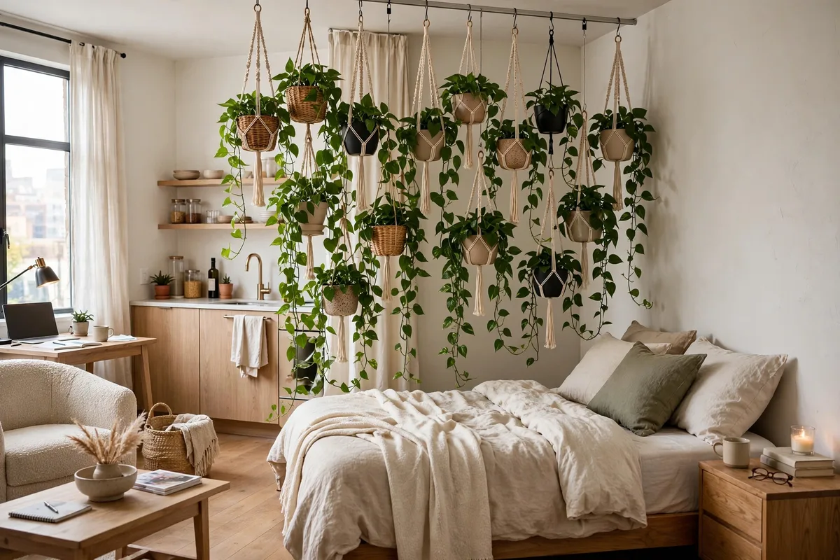 Hanging planters at varying heights forming a green curtain divider beside a bed