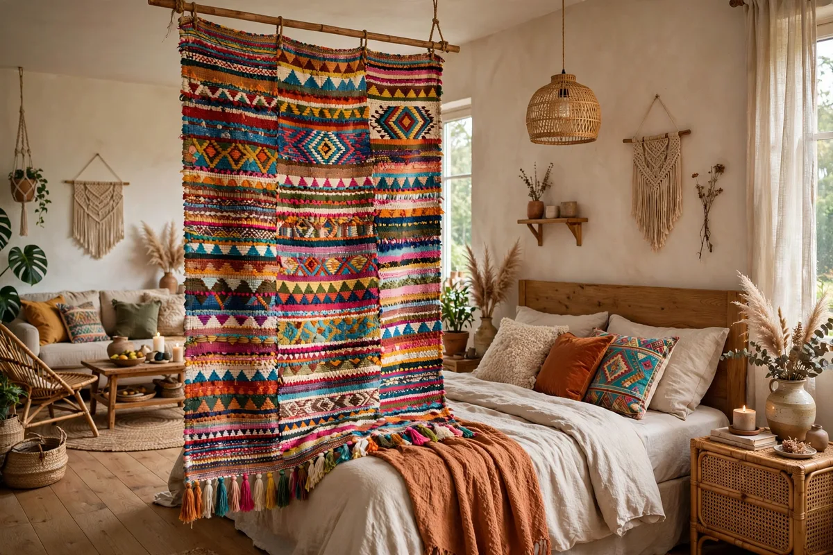 Large woven tapestry hung as a soft colorful divider beside a bed in a studio apartment