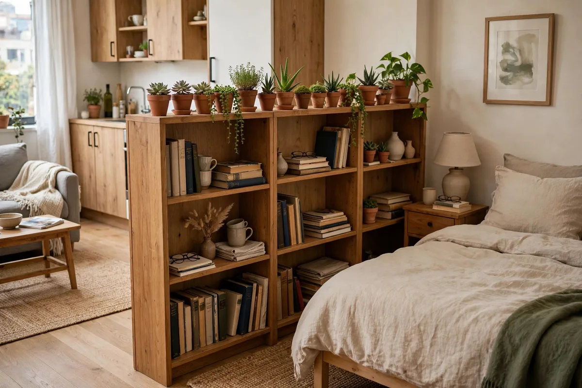 Bookshelf divider topped with a row of plants forming a garden ledge beside a bed