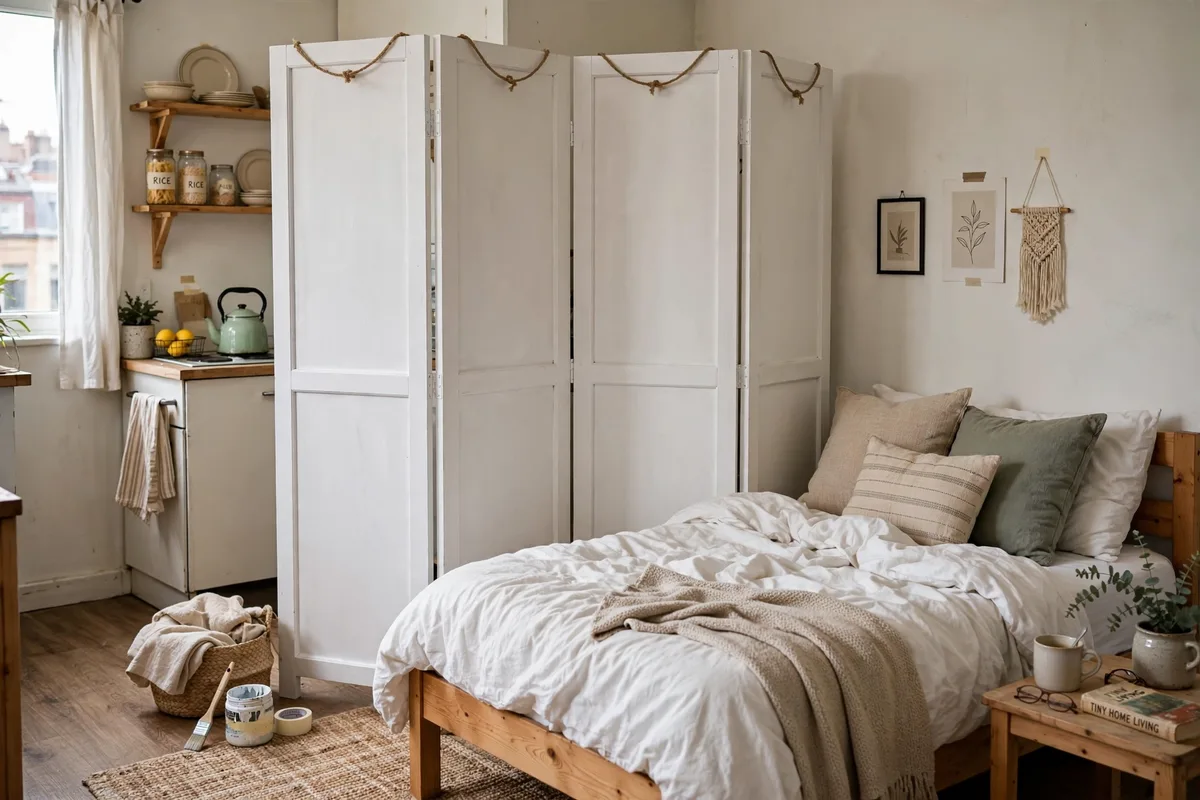 Thrifted folding screen repainted as a custom divider beside a bed in a studio apartment