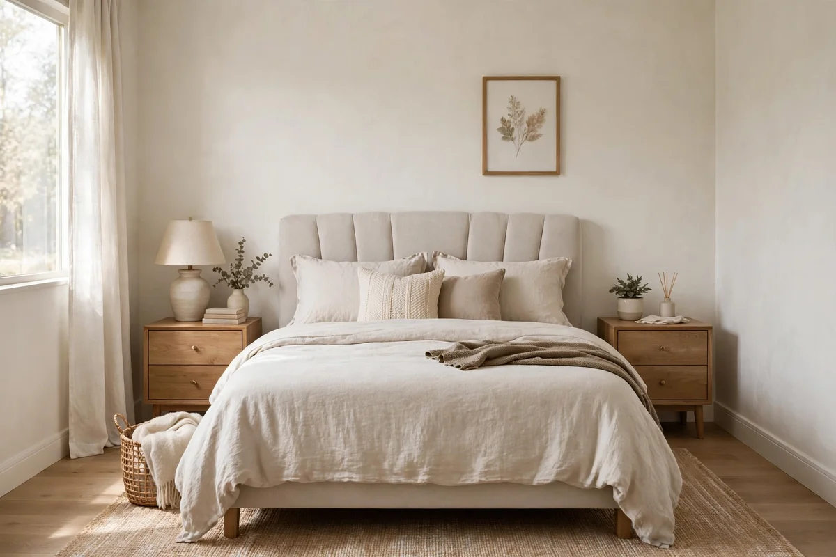 Small bedroom with right-sized queen bed and clear walkways on both sides