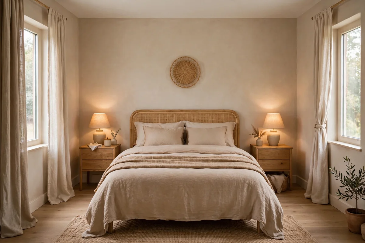 Small bedroom with bed centered on wall flanked by two matching nightstands