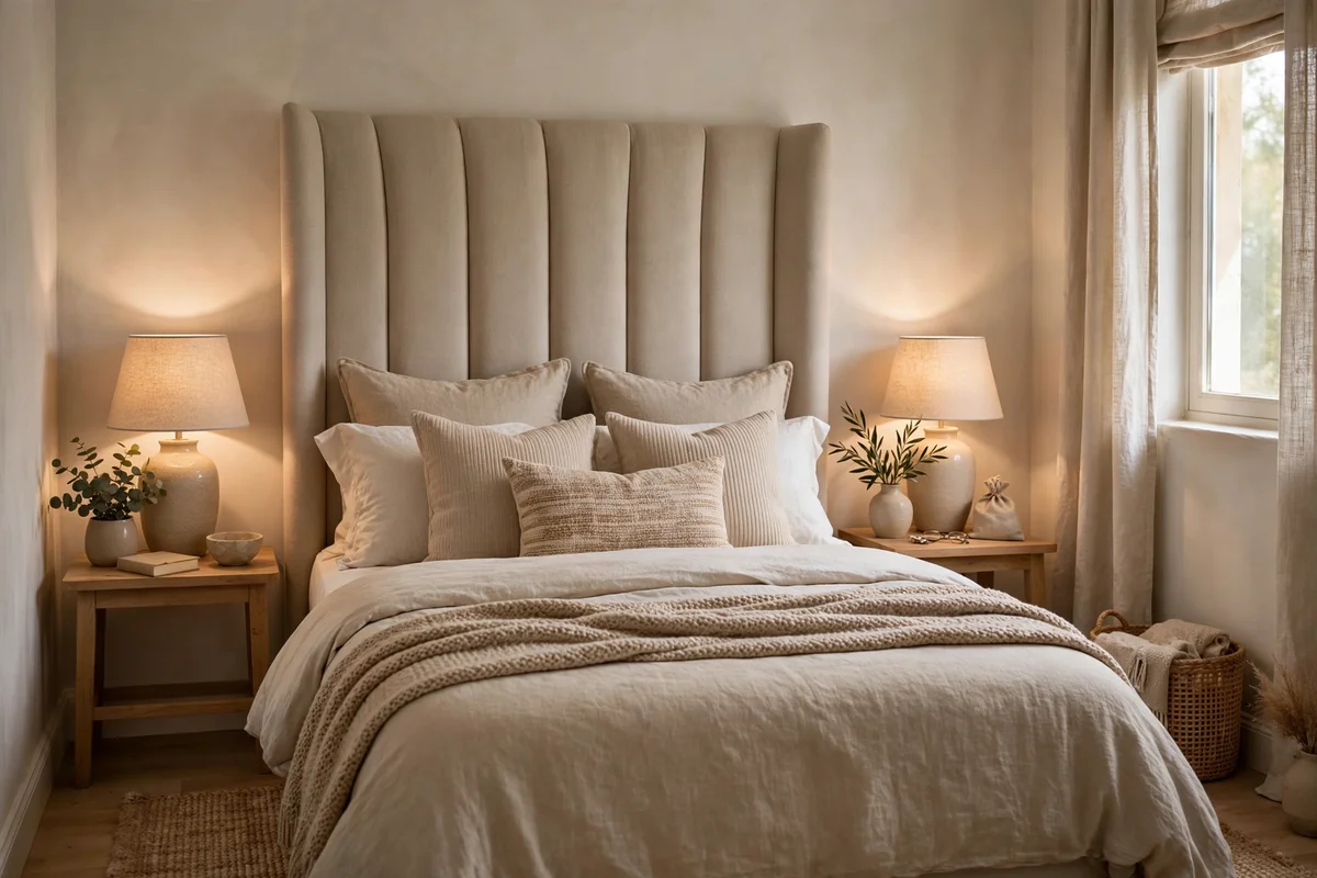 Small bedroom with tall upholstered headboard creating a focal point behind the bed