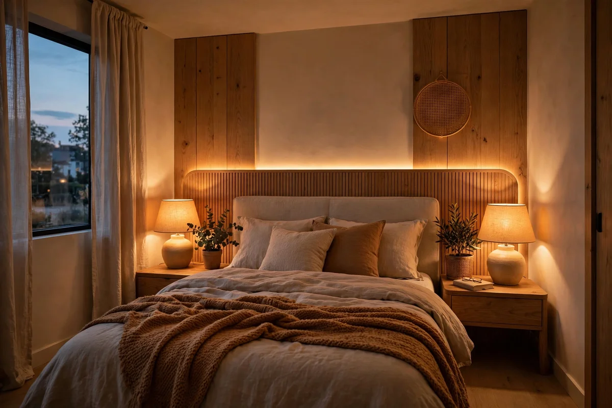 Small bedroom with layered lighting from bedside lamps and soft accent glow