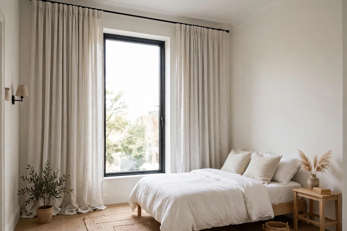 Small bedroom with floor-length curtains hung high and wide around the window