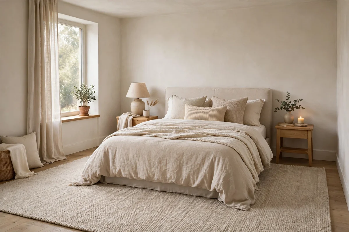 Small bedroom with large rug extending under and beyond the bed on both sides