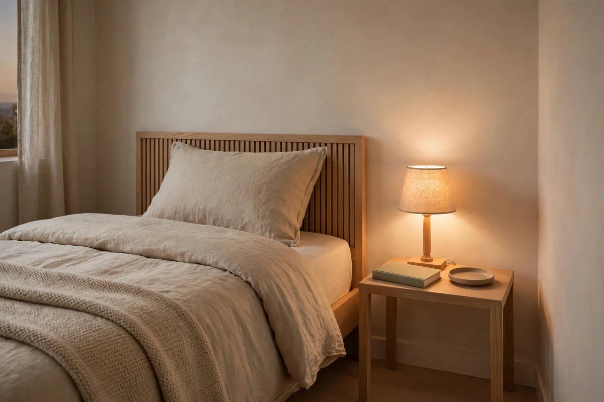 Small bedroom with minimal styled nightstand holding only lamp book and tray