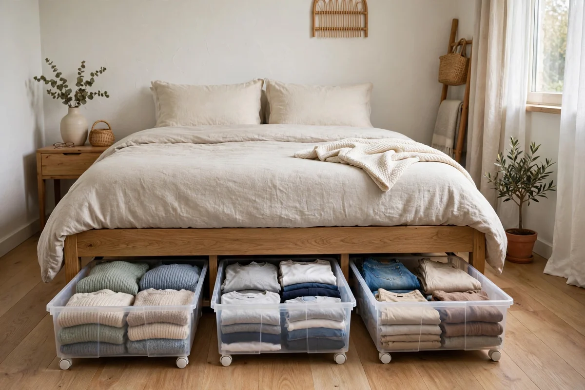 Small bedroom with neat rolling under-bed storage bins for clothes and linens