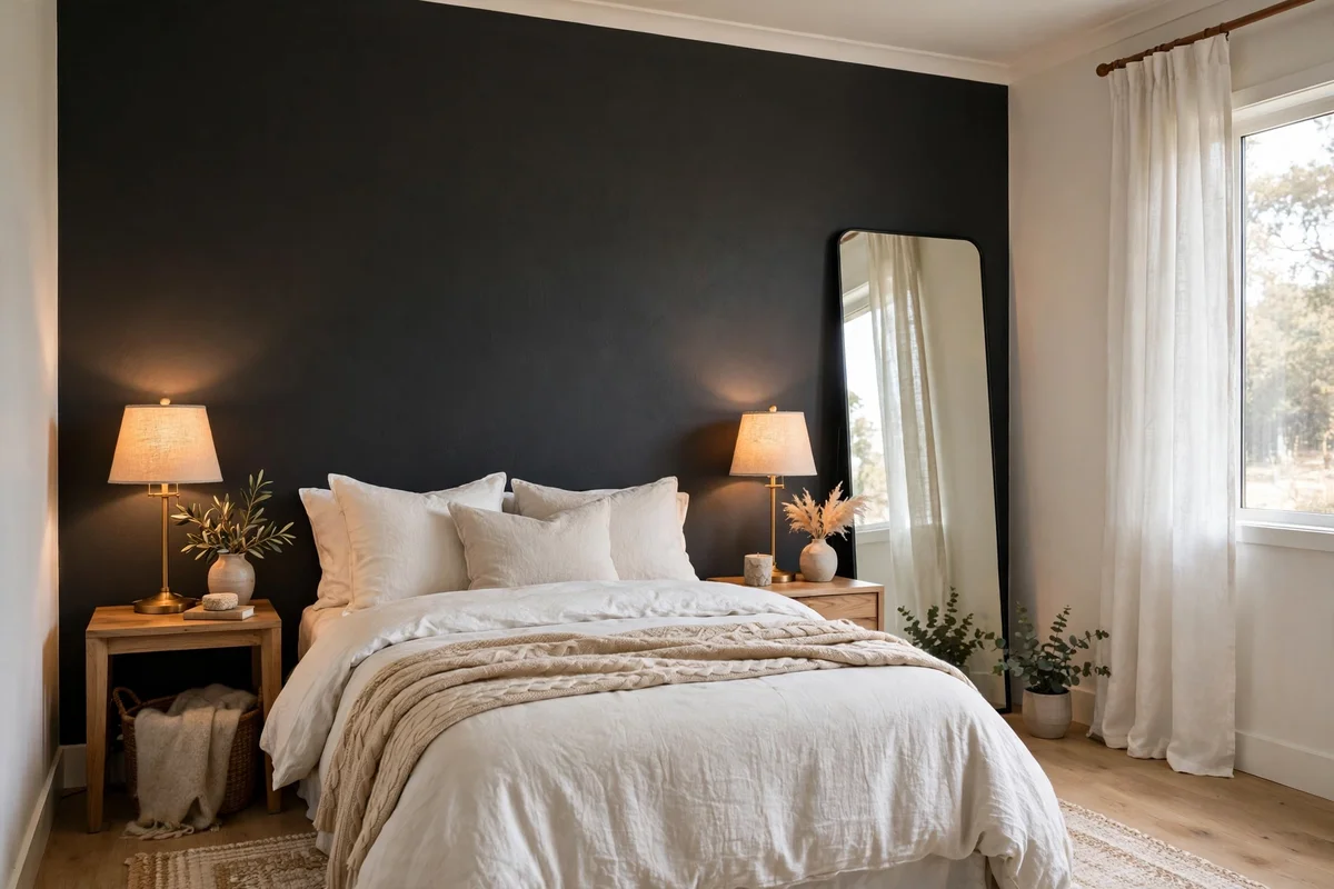 Small bedroom with balanced dark accent wall light bedding and large mirror
