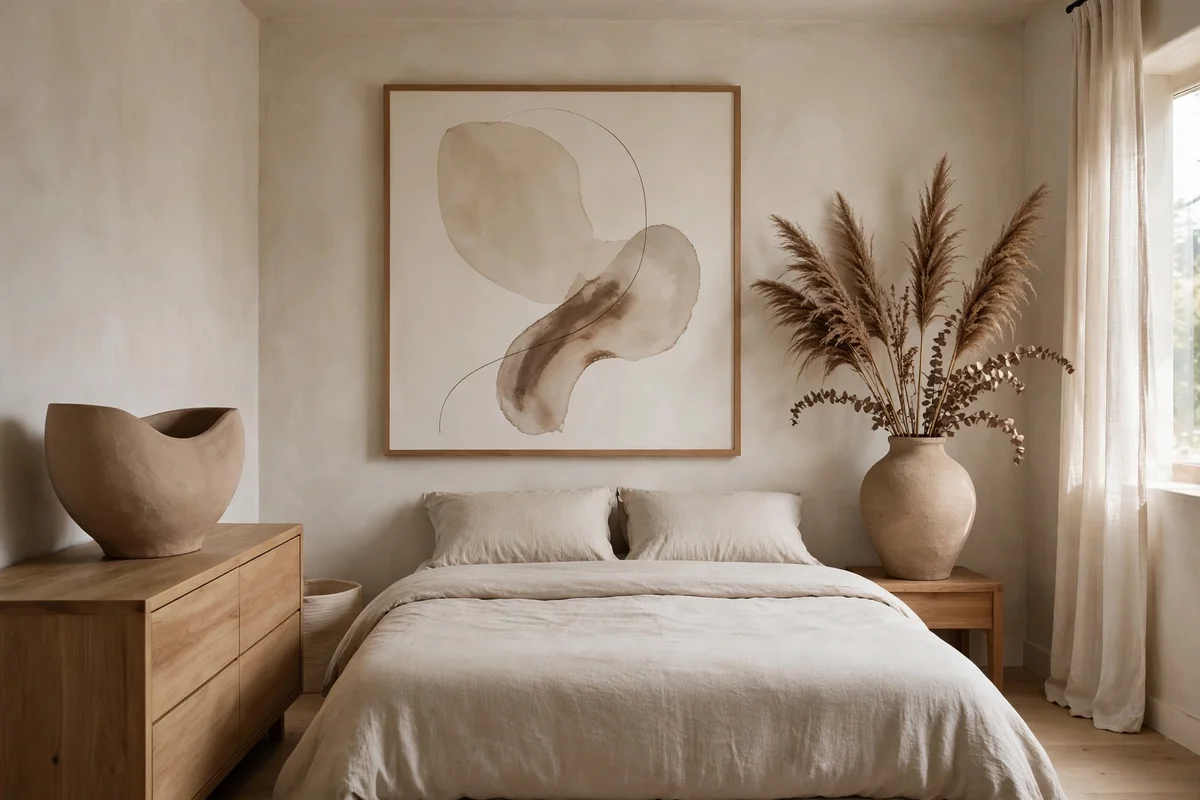 Small bedroom styled with few large statement decor pieces instead of tiny clutter