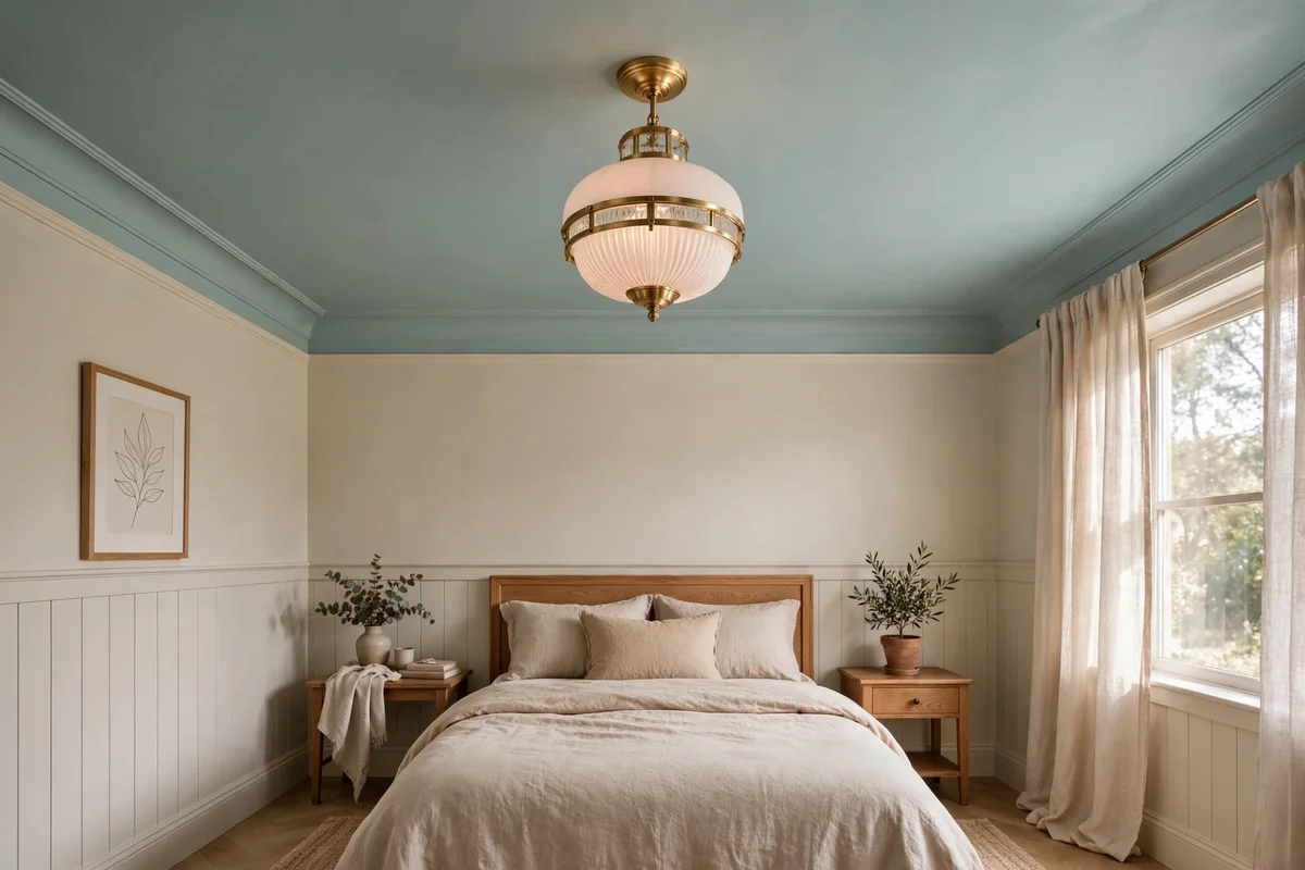 Small bedroom with softly tinted ceiling and elegant pendant light fixture