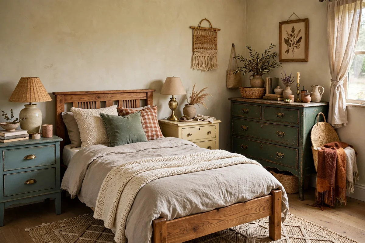 Small bedroom with mixed furniture finishes and textures looking curated