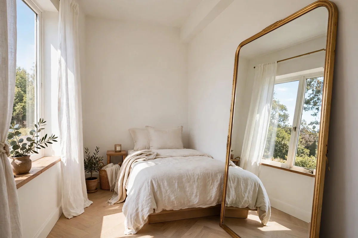 Small bedroom with large mirror reflecting window light making room feel bigger