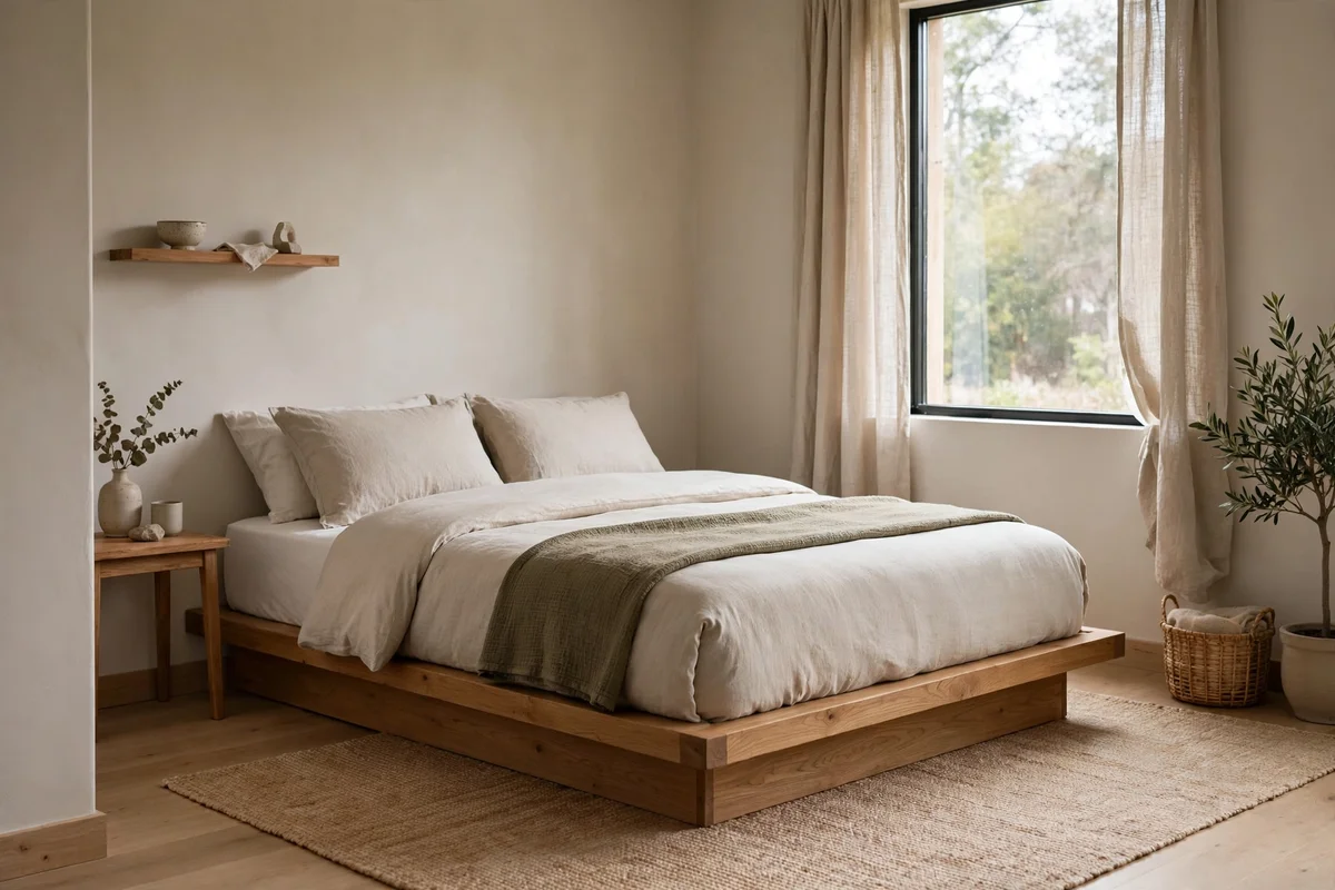 Small bedroom with proper low platform bed frame at ideal height