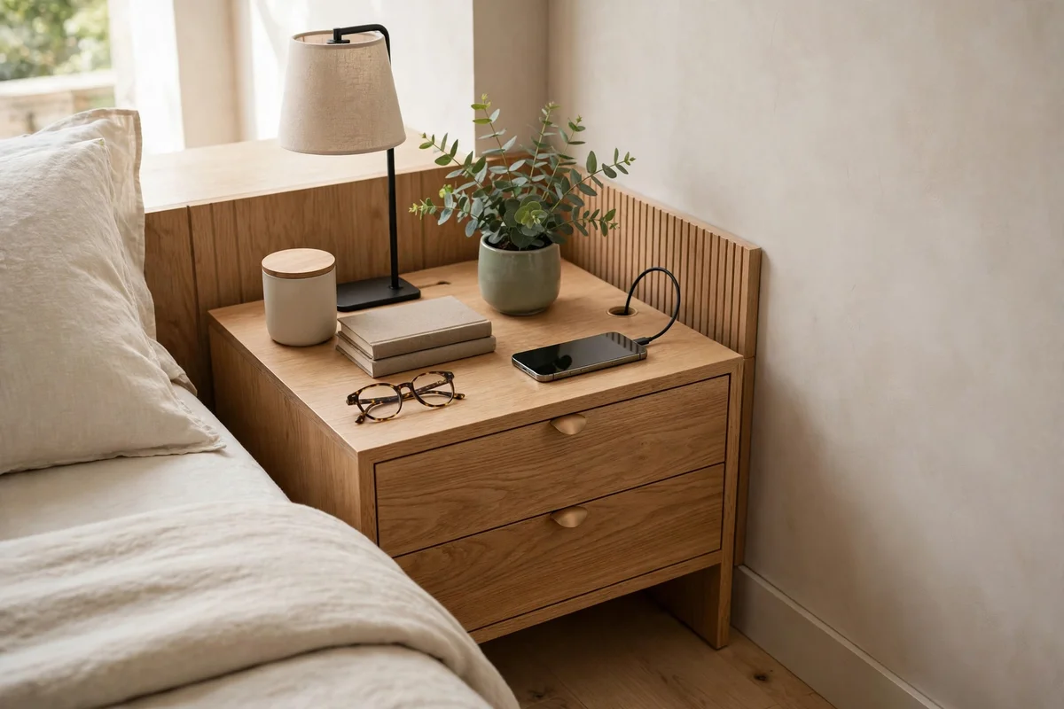 Small bedroom nightstand area with hidden cable management and tidy cords