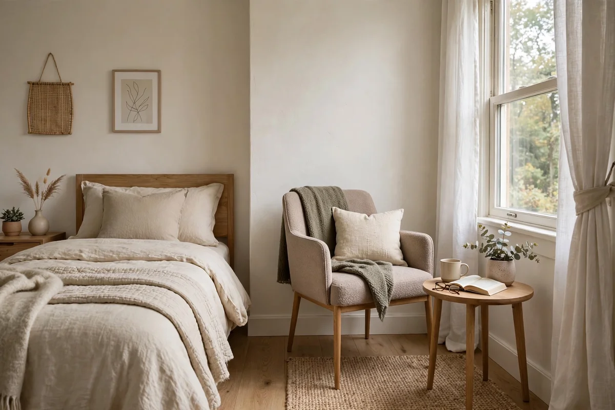 Small bedroom with slim accent chair in corner creating a reading spot