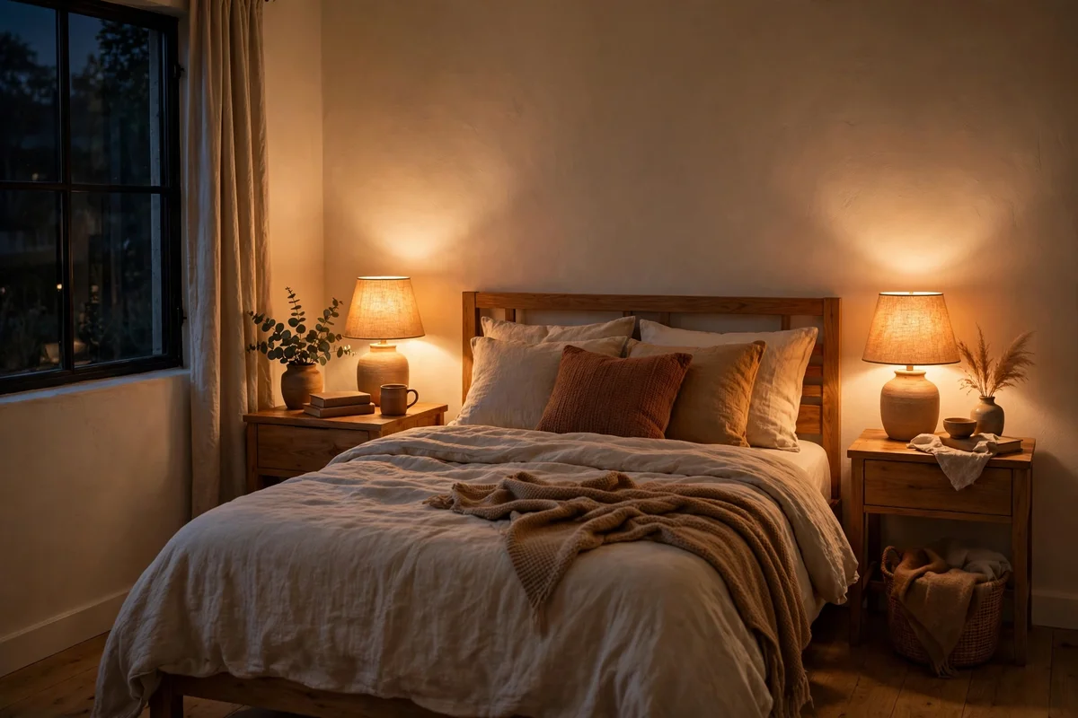 Small bedroom with warm glowing bedside lamps creating cozy evening ambiance