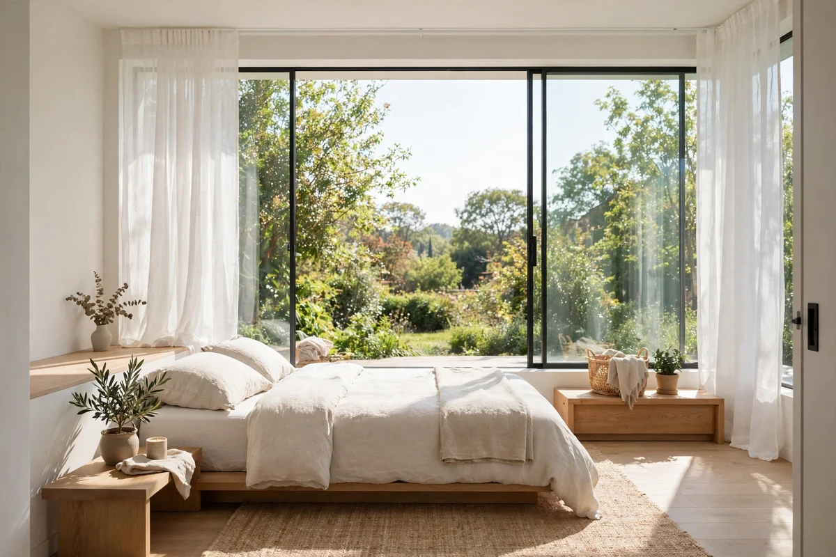 Small bedroom with clear unblocked window and sheer curtains letting in daylight