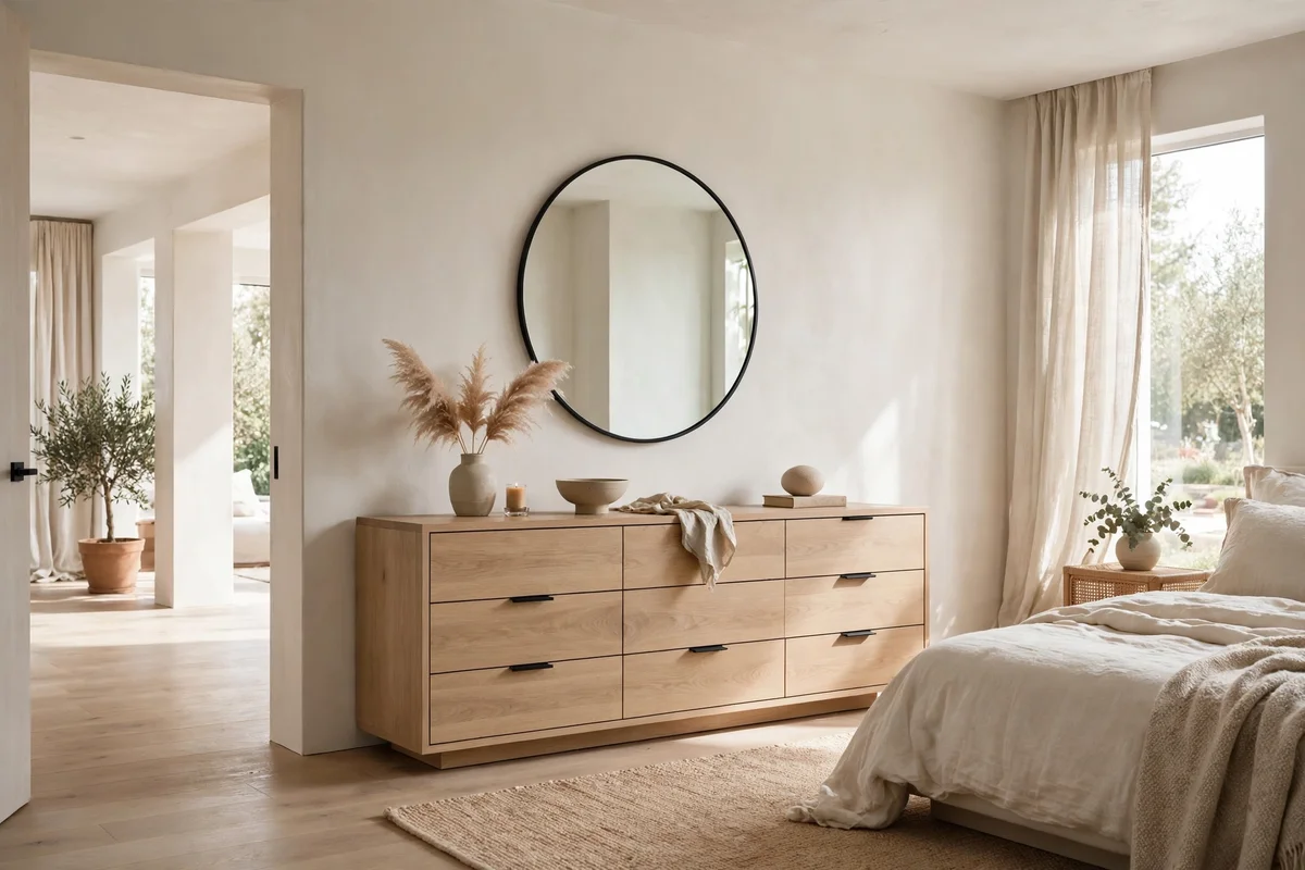 Small bedroom with low wide dresser keeping sightlines open and airy