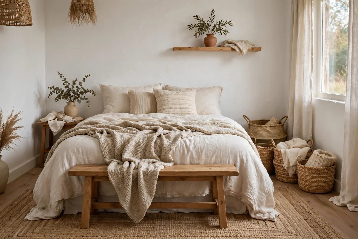 Small white bedroom warmed with layered textiles wood tones and woven textures