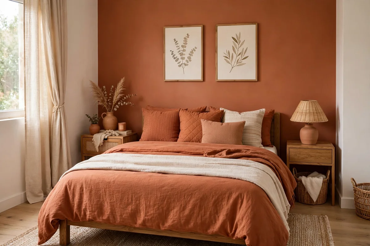 Small bedroom with terracotta accent wall coordinated with bedding and pillows