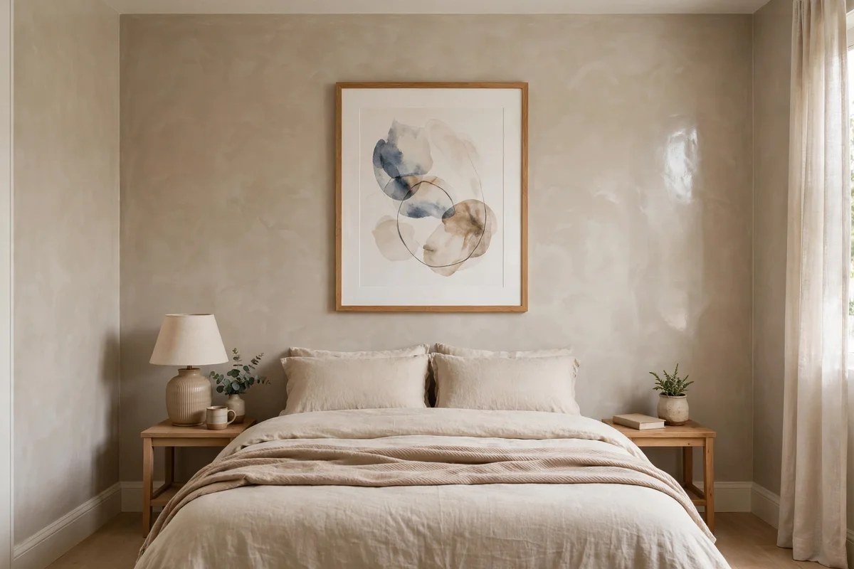 Small bedroom with large framed art hung at eye level above the bed