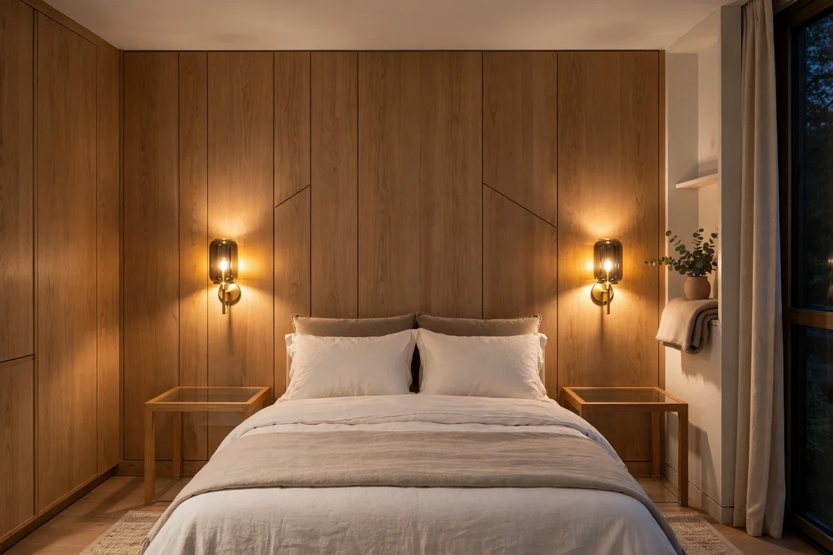 Small bedroom with wall-mounted sconces freeing nightstand space for reading light