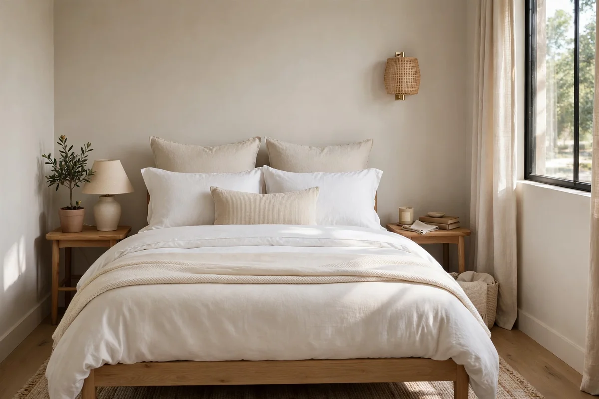 Small bedroom with edited five-pillow arrangement looking styled and simple