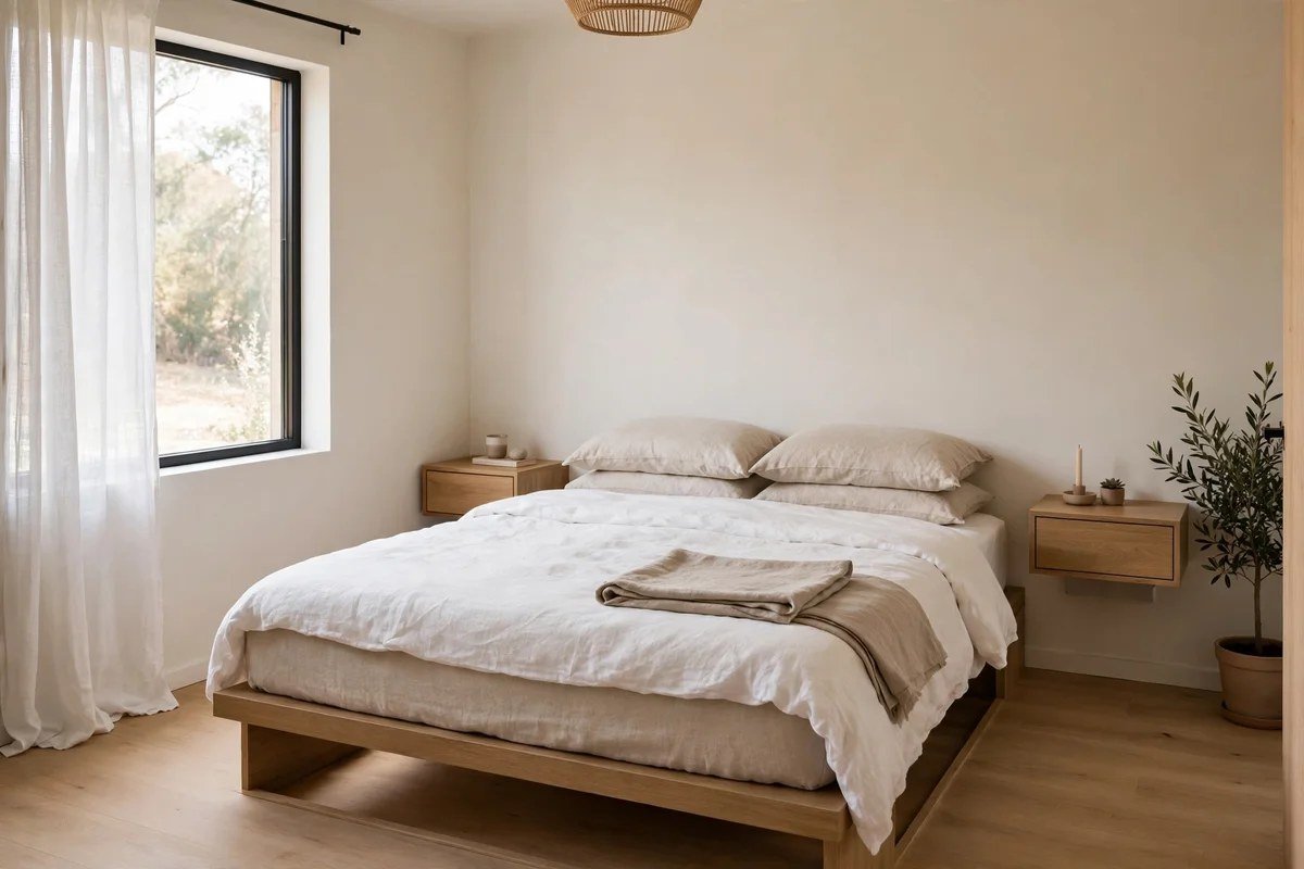 Small bedroom with floating nightstands at perfect mattress height