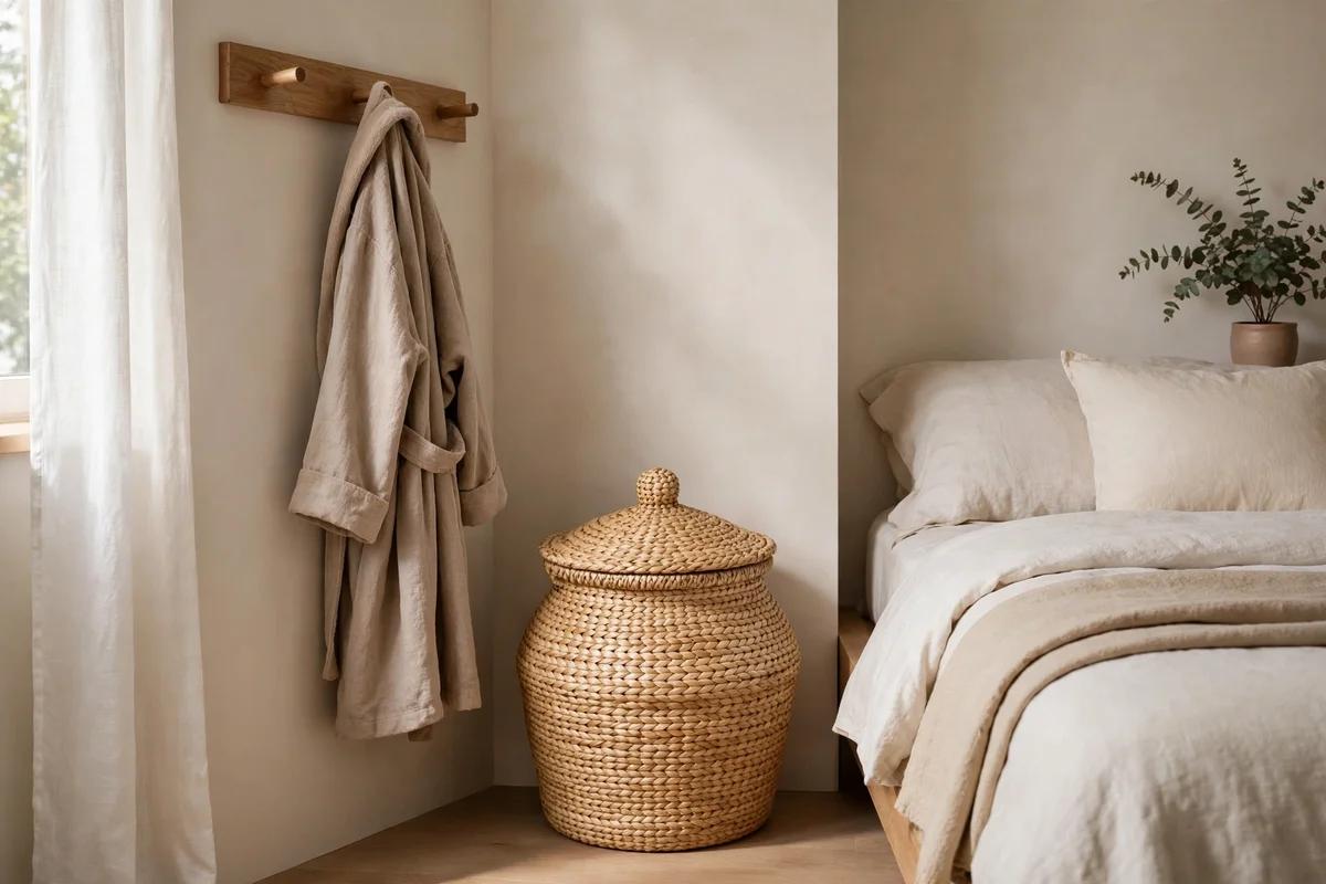 Small bedroom with stylish woven lidded hamper and wall hooks for clothes
