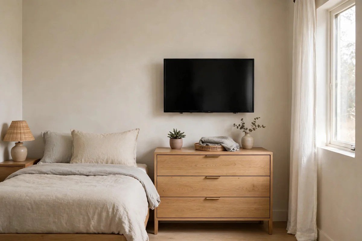 Small bedroom with modest TV mounted at eye level above low dresser