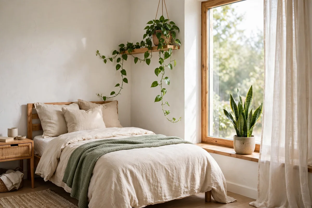 Small bedroom with snake plant and pothos adding fresh greenery