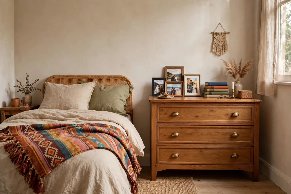 Small bedroom with personal touches like framed photos books and travel textile