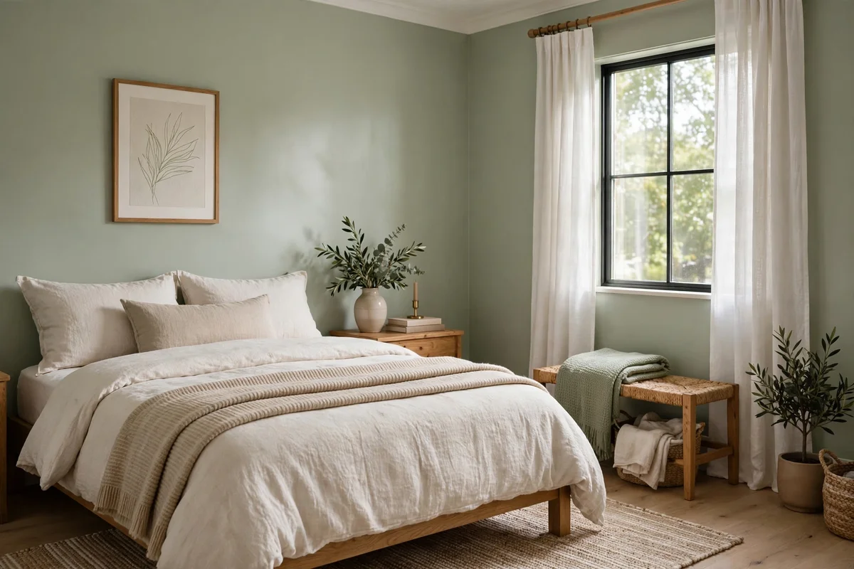 Small bedroom with soft eggshell paint finish on walls looking calm