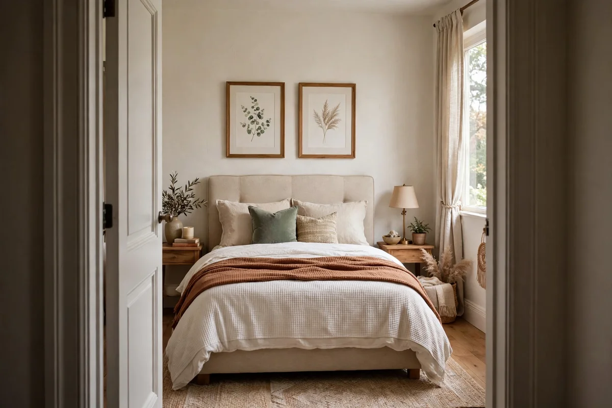 Beautiful styled view of small bedroom seen from the doorway