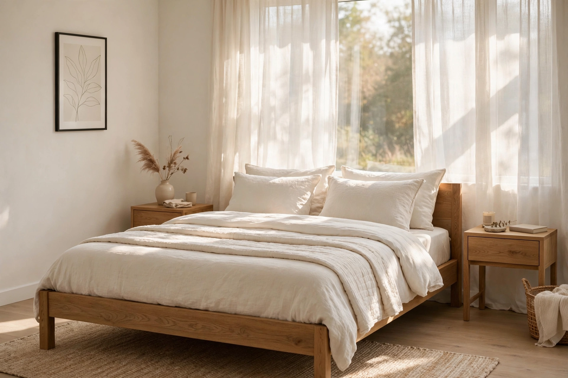 Serene bedroom with warm white walls and natural oak bed frame and nightstands