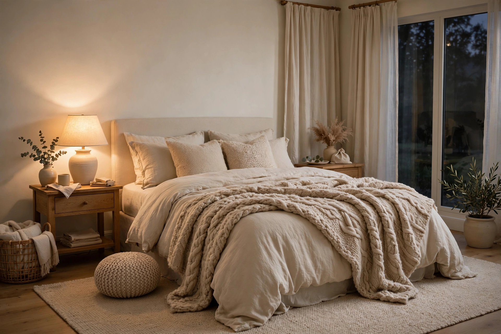 Cozy bedroom with ivory walls and layered soft beige bedding and throw