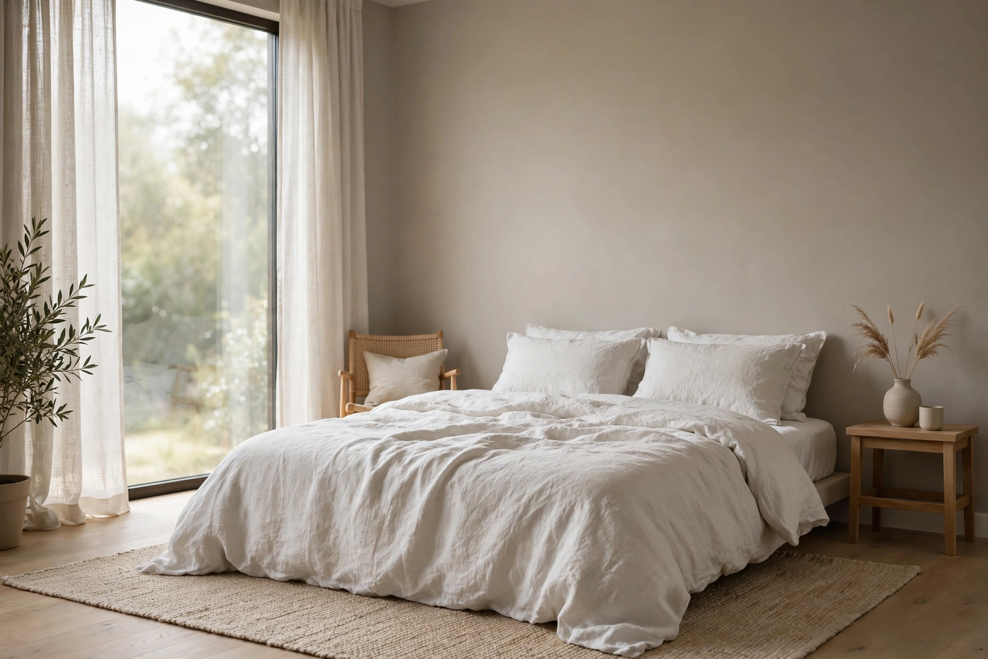 Modern bedroom with greige walls and white linen bedding in soft daylight