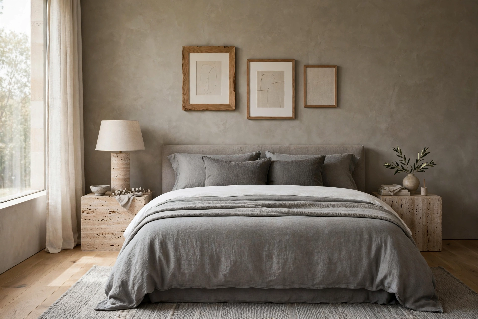 Bedroom with warm stone gray walls and layered gray bedding with white sheets