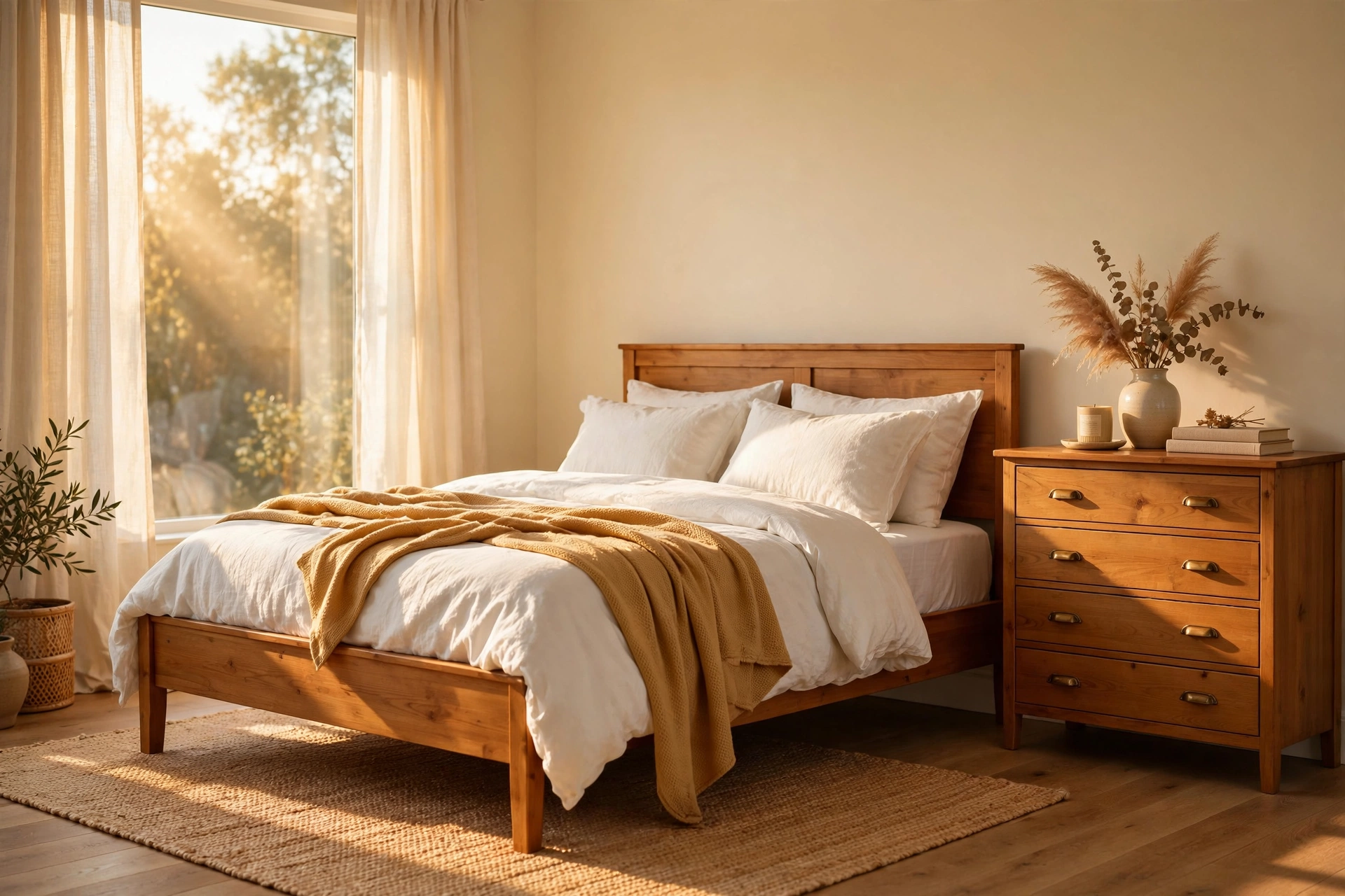 Warm bedroom with cream walls and honey wood bed frame glowing in sunlight