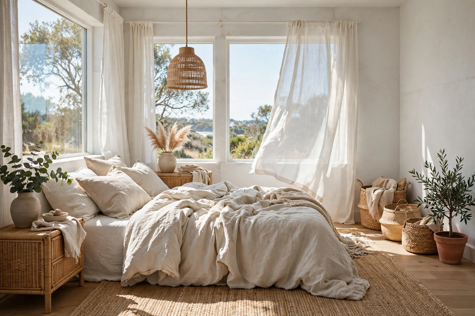Airy bedroom with alabaster walls jute rug and rattan accents