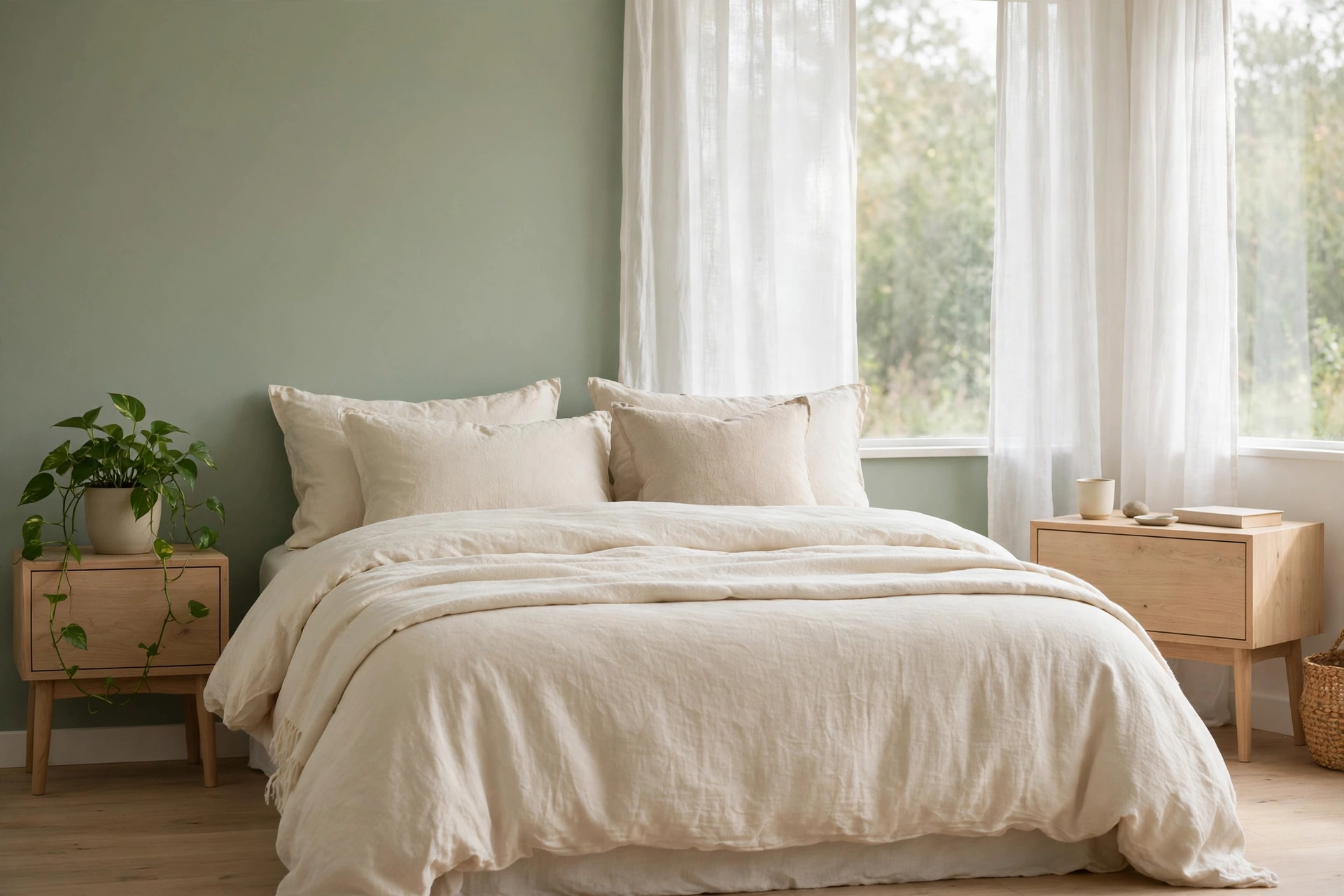Tranquil bedroom with sage green walls cream bedding and a potted plant