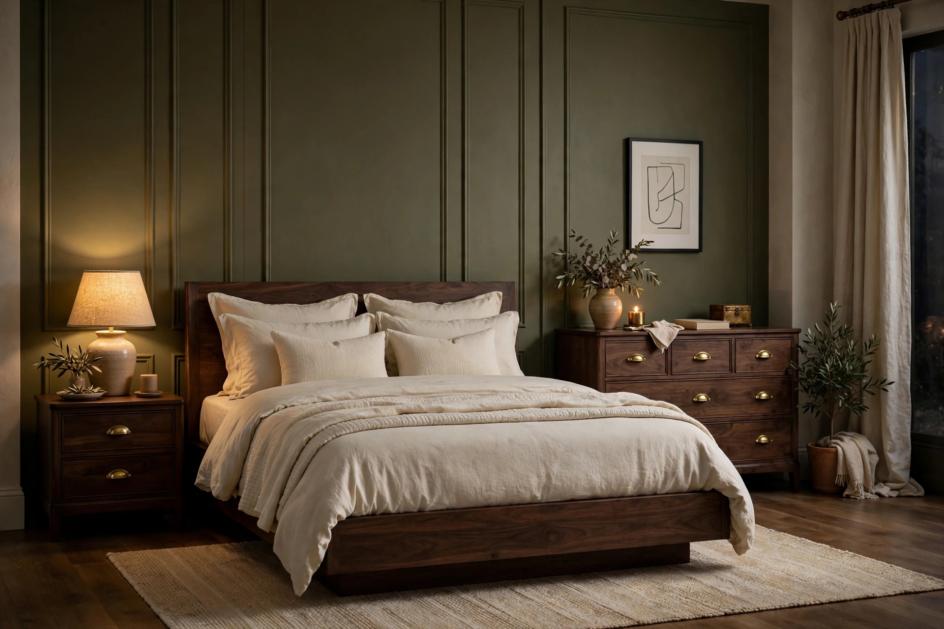 Sophisticated bedroom with olive green accent wall and dark walnut furniture