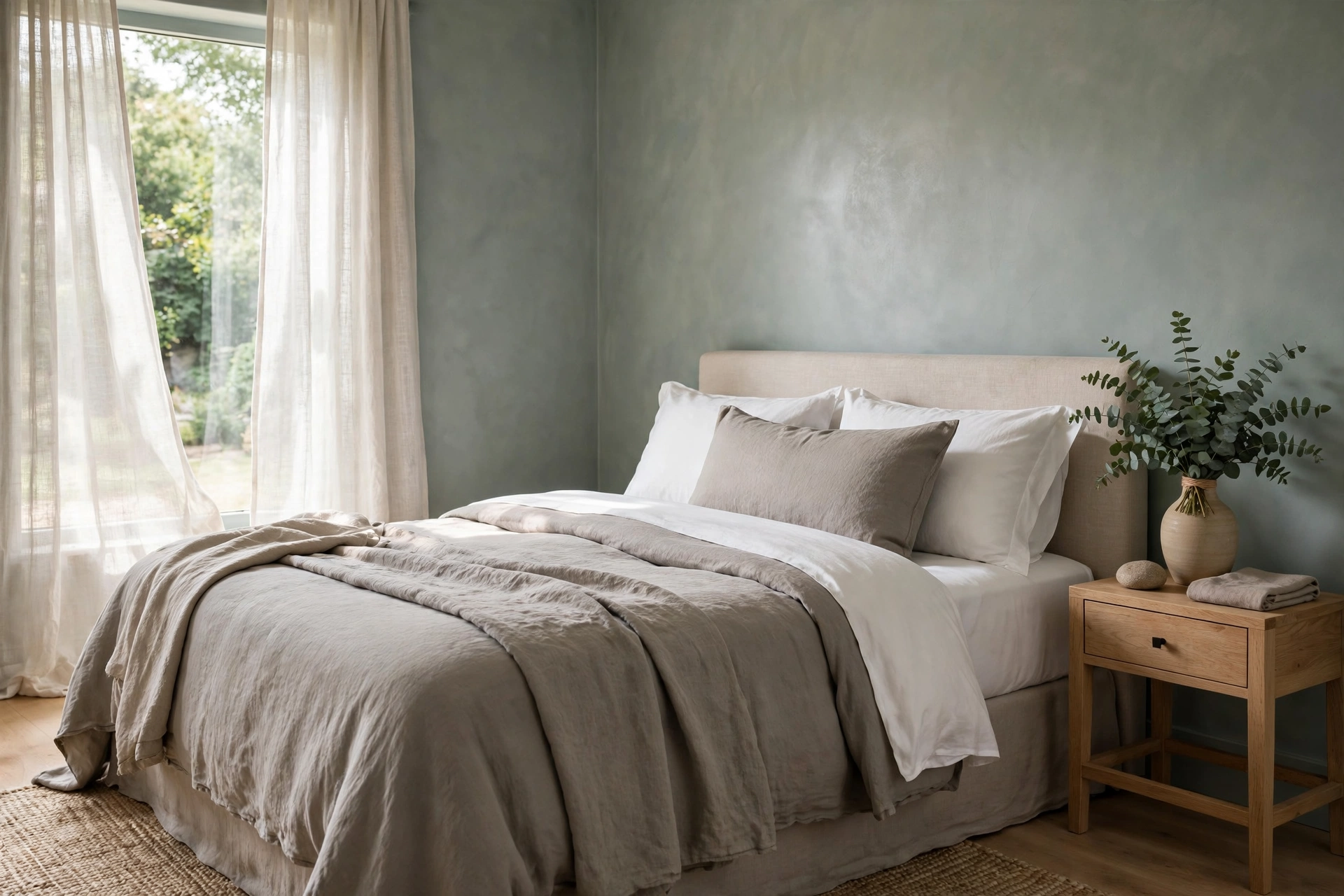 Spa-like bedroom with eucalyptus green walls and warm stone gray bedding